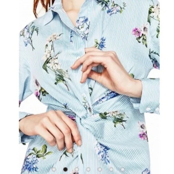 Zara Woman Blue White Pinstripe Floral Twist Knot Midi Cotton Shirt Dress Sz XS - Picture 4 of 14